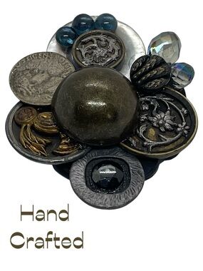Hand Crafted Antique Bronze Silver Rhinestone Buttons Reimagined Brooch NWT